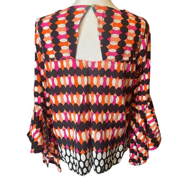 Kaari Blue Geometric Print Blouse with Triangle Cut Out Back Size Medium - Picture 2 of 5